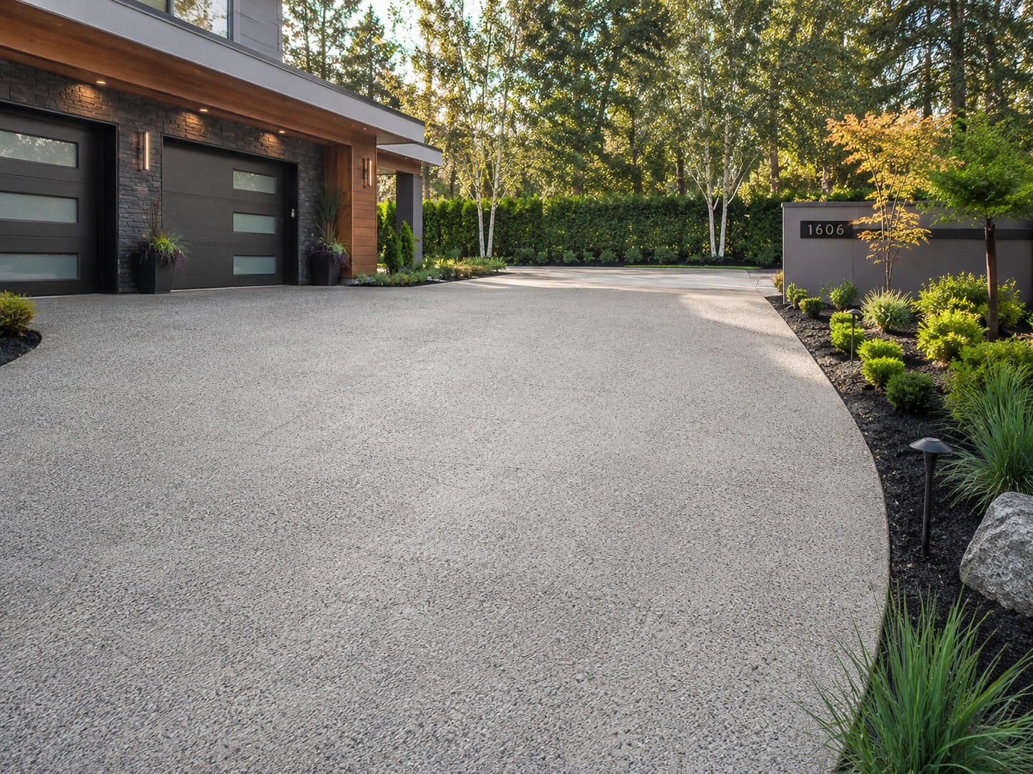 Modern Brisbane home with exposed aggregate concrete driveway