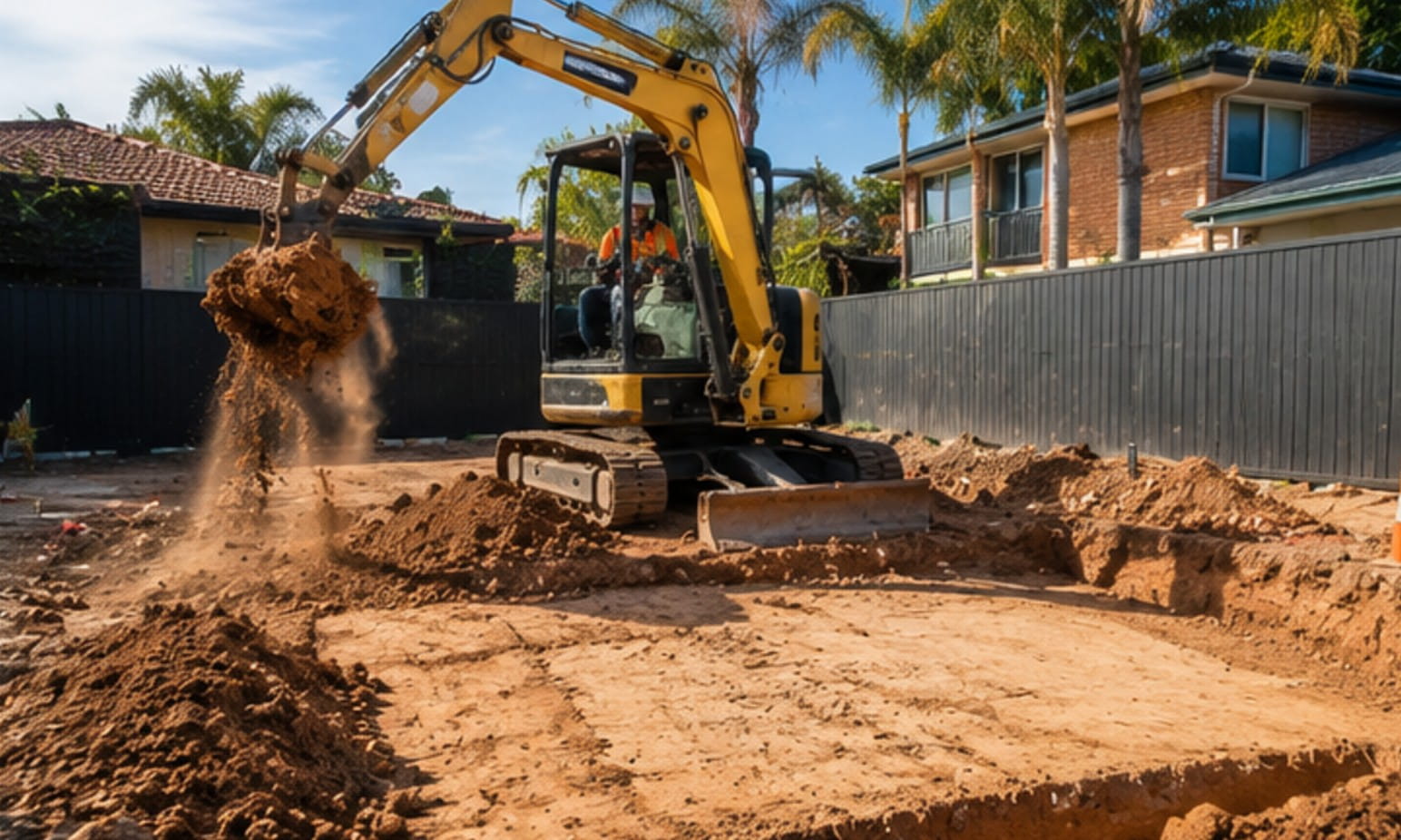 Mini excavator site preparation in a Brisbane residential property