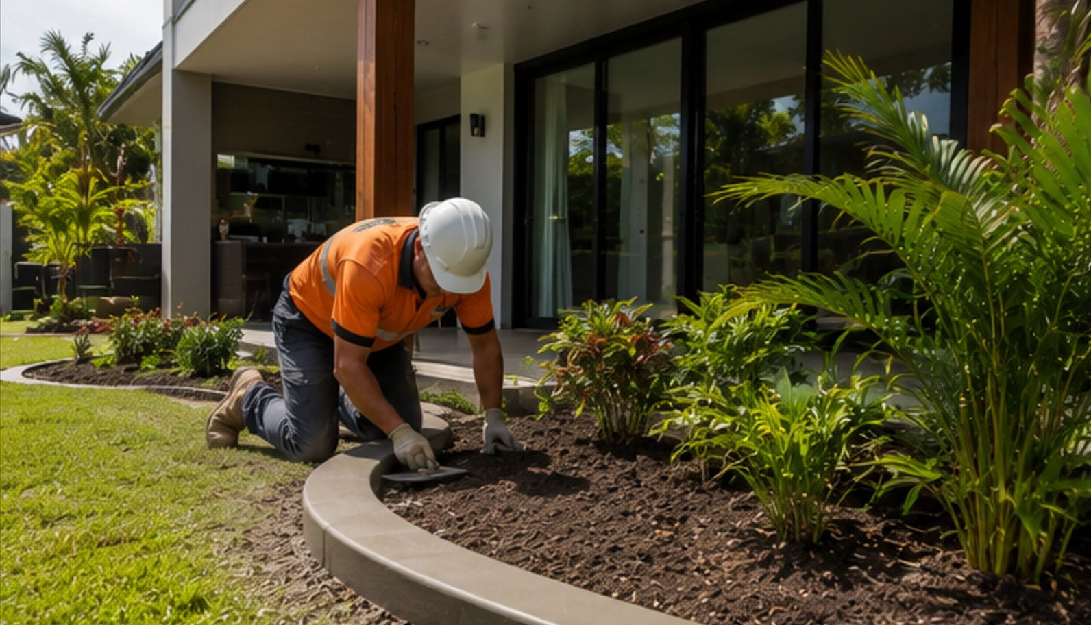 Professional garden edging contractor installing curved concrete edging in Brisbane