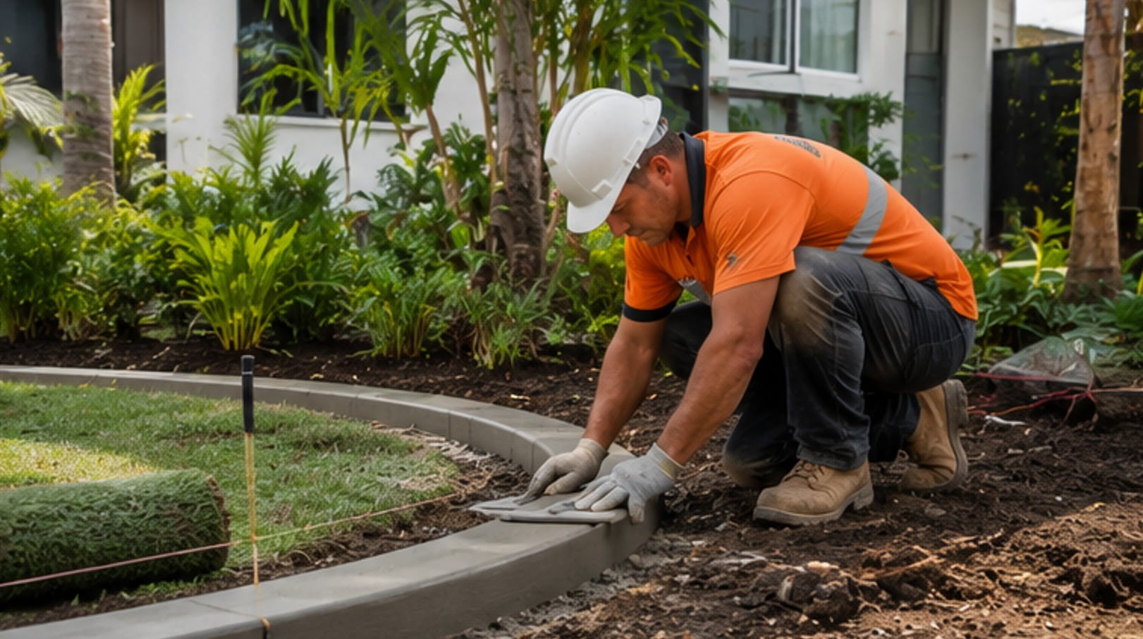 Garden edging Brisbane concrete pathway and planted landscape border
