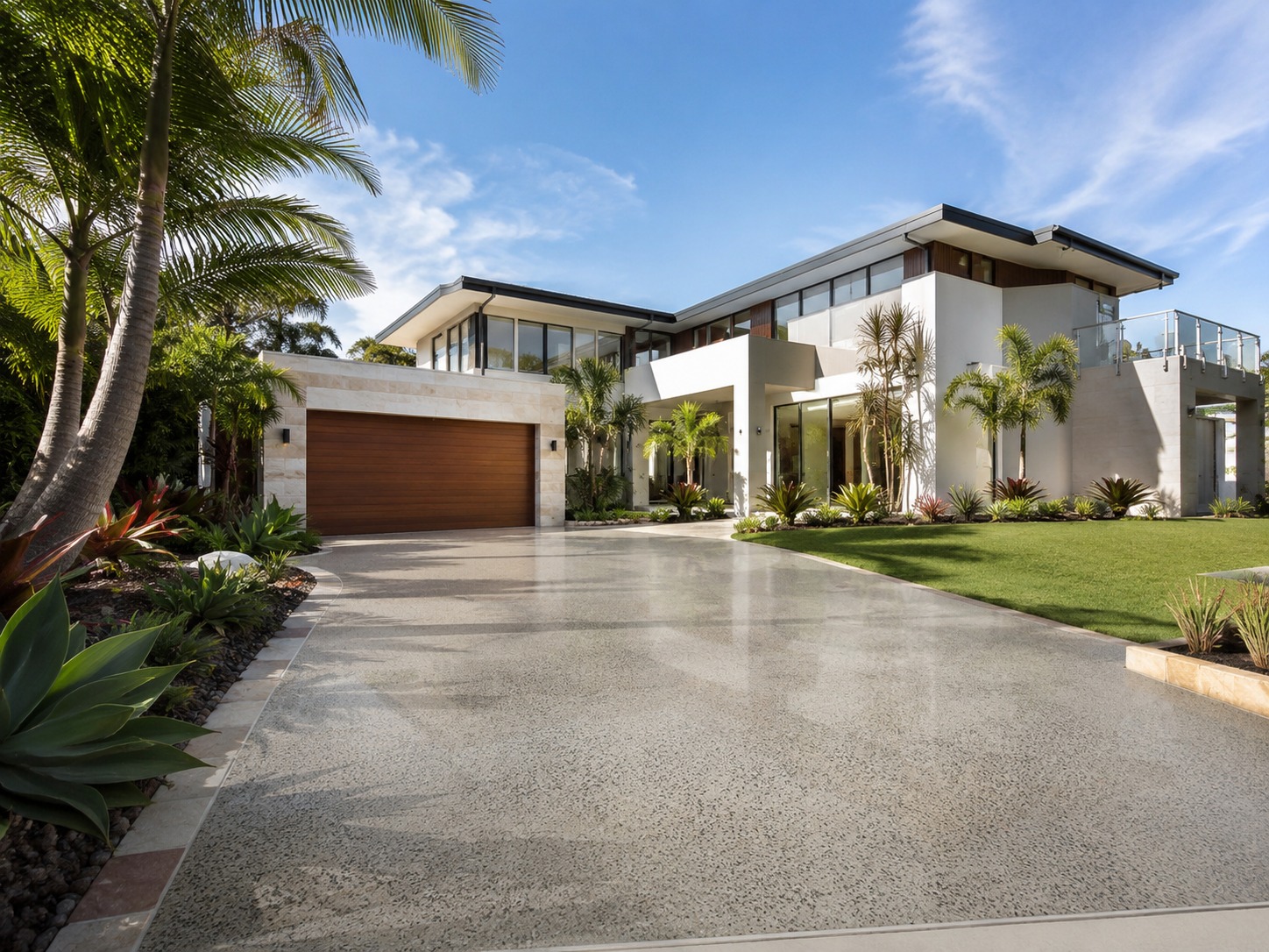 Modern Brisbane home with polished concrete driveway
