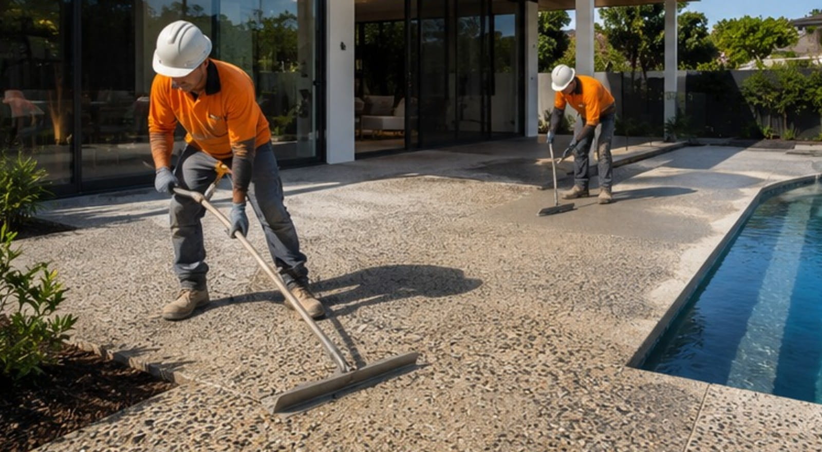 Luxury Brisbane concrete pool surround with exposed aggregate finish at night