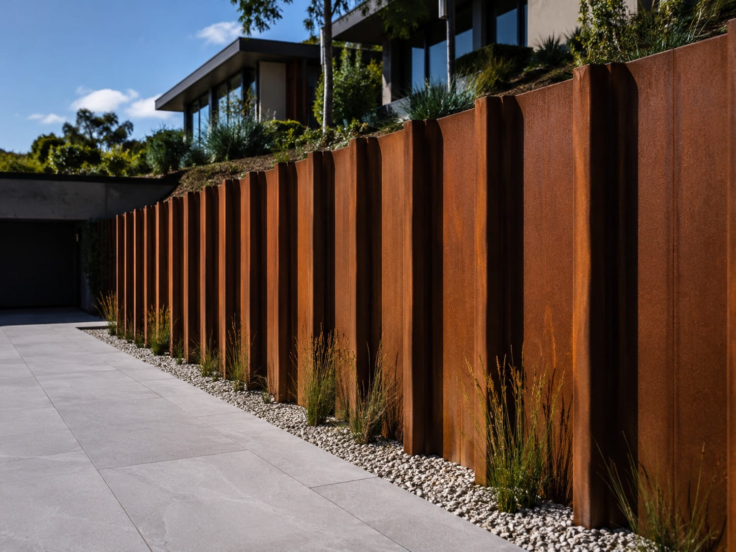 Steel sheet piling retaining wall in a residential landscape